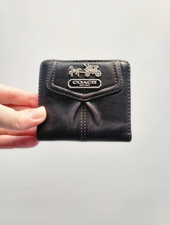 Coach Handbags - COACH Mini Small Black Leather Bifold Wallet with Horse & Carriage Logo Tiny